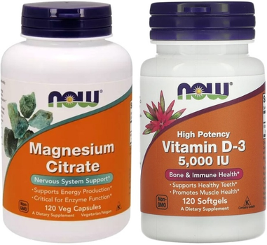 Набор Минерал Now Foods Цитрат Магния Magnesium Citrate 120 капсул (733739012944) + Витамины Now Foods Витамин D3 5000IU 120 желатиновых капсул (733739003720)