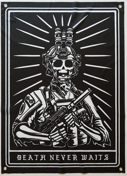 Флаг Death Never Waits / Смерть никогда не ждет на люверсах