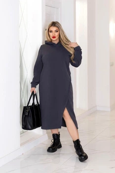 Теплое трикотажное платье миди с капюшоном Fashion 46/48 графит
