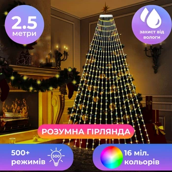 Умная гирлянда на елку GarlandoPro 250 LED длина 2.5 м с управлением со смартфона Разноцветный