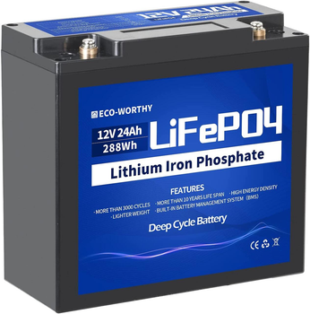 Аккумулятор Eco Worthy LiFePO4 12V 24Ah (288Wh) на 3000+ жизненных циклов