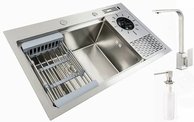Кухонна мийка AQUAMARIN ELIOS Inox DurAlum 7850 platinum Змішувач+Дозатор+Кошик для посуду+Ринзер для чашок