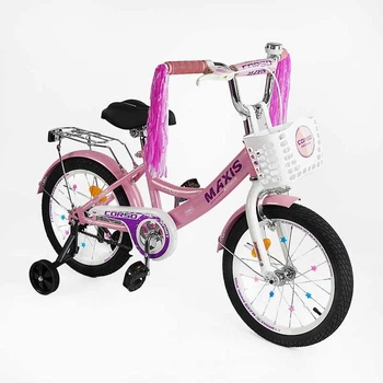 Детский двухколёсный велосипед CORSO MAXIS CL-18699 18" дюймов, стальная рама, съемные страховочные колеса, дисковые тормоза, Розовый