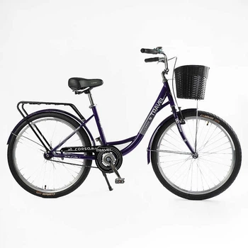 Велосипед городской 26" Corso Travel, односкоростной, стальная рама 16.5", корзина, багажник. Purple (162956)