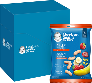 Упаковка кукурудзяних снеків Gerber з полуницею та бананом 28 г х 7 шт (8445291463547)