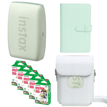 Подарунковий набір до фотопринтера Fujifilm Instax Mini Link3 Sage Green / Чохол білий / Фотоальбом мʼятний на 108 знімків/ Фотопапір 50 знімків