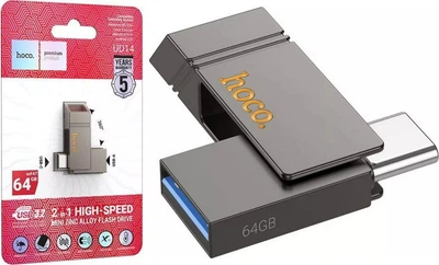USB Флеш накопитель Hoco UD14 Clever USB3.2 TypeC mini flash drive (USB-A/TypeC) 64GB Metal Grey (38548)