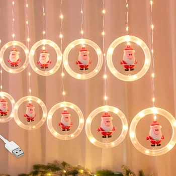 Новогодняя гирлянда штора Кольца с фигурками, 10 LED, 2,5х0,7м, от USB, Теплый белый, Санта
