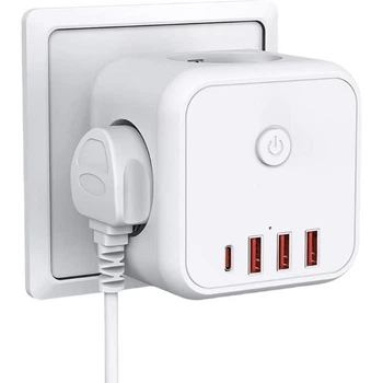 Безопасный тройник 3 гнезда, 220V, 3 USB-A / 1 Type-C, c заземлением, защитные шторки