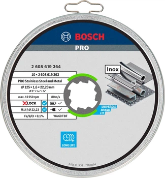 Круг відрізний Bosch X-Lock Standard for Inox, 125х1,6х22,23 мм, прямий, 10 шт (2608619364)