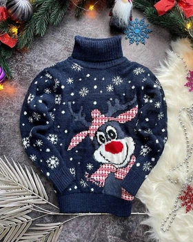 Свитер с оленями для мальчика "Snowy deer" Cиний (6-7 лет, 116-122 см)