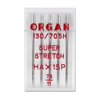 Иглы швейные для cтрейча, лайкры ORGAN SUPER STRETCH №75 пластиковый бокс 5 штук для бытовых швейных машин (6975)