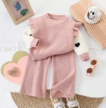 Теплий костюм для дівчинки (светр, штани) 110см Пудровий KO631