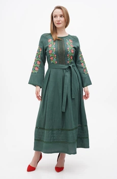 Лляна максі сукня-вишиванка під пояс з мереживом та квітковою вишивкою Василина. Зелений, р.44, код 0303/44/534