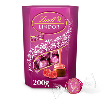 Цукерки Lindt Lindor Raspberry & Cream з молочного шоколаду та малиново-вершковою начинкою, 200г