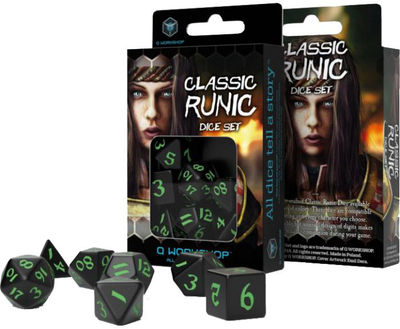 Набір кісток Q-Workshop Classic Runic Dice Kit Класичний Рунічний 7 деталей Чорно-зелені (5907699494262)