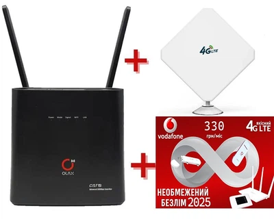 Cтационарный 4G роутер WI-FI 3G/4G LTE OLAX AX9 PRO 4000 мАч + Внешняя панельная всенаправленная 3G/4G LTE антенна 2х9 dBi 700-2700 MHz MIMO + Подарок - симкарта для интернета Vodafone