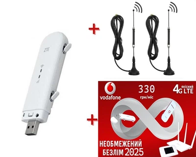 Мобильный 4G модем/роутер USB WI-FI 3G/4G LTE ZTE MF79U + 2 Наружные выносные всенаправленные 3G/4G LTE антенны(36см) 7 dBi 700-2700 MHz с магнитной основой + Подарок - симкарта для интернета Vodafone