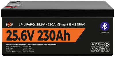 Аккумуляторная батарея LogicPower LiFePO4 25.6V 230Ah 5888Wh (Smart BMS 150А) с BT пластик (LP30384)