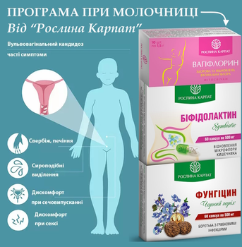 Програма при кандидозному кольпіті (молочниці), Фунгіцин, Фітосвічки Вагіфлорин, Біфідолактин simbiotic, "Рослина Карпат" 130шт.