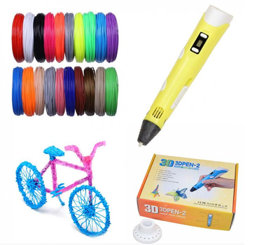 Набір творчості Ручка 3D Pen2 yellow Ручка 3D для малювання та 100 метрів різнокольорового пластику з трафаретами Жовтий