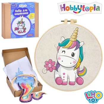 Набор для вышивания Hobbytopia DYEK1021 Единорожка, пяльце, игла, нити, в коробке