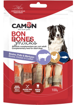 Снек для собак Camon мини косточки из говяжьей кожи с курицей и кожей щепы 100 г (8019808232492)