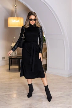 Жіноче плаття міді з рукавами з екошкіри Fashion 54/56 чорний