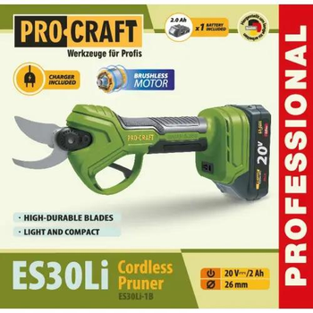 Акумуляторний секатор Procraft ES30Li +акумулятор 2А/г і зарядний пристрій
