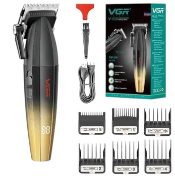 Машинка для стрижки волос аккумуляторная VGR V-003 Professional Turbo с разными насадками Золотая