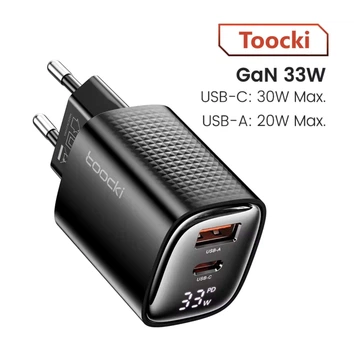 Зарядное устройство Toocki 33W GaN TypeC USB LED-дисплей PD+QC Быстрая зарядка для Apple iPhone, iPad, Samsung, Xiaomi Black (6976018376601)
