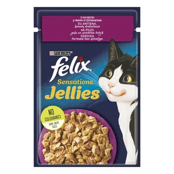 Вологий корм FELIX Sensations Jellies для дорослих котів шматочки в желе з качкою та шпинатом 85 г