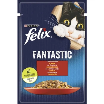 Вологий корм FELIX Fantastic для дорослих котів кусочки в желе з яловичиною 85 г