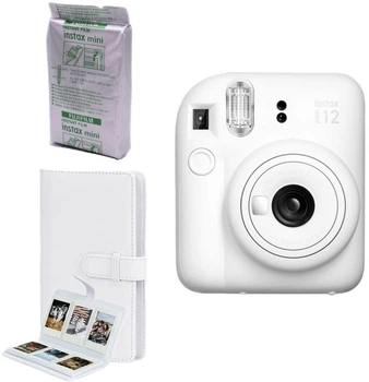Фотокамера мгновенной печати Fujifilm INSTAX Mini 12 Clay White / картридж / фотобумага 10 фото / фотоальбом