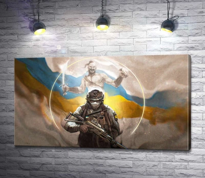 Картина Воин и казак на фоне флага Украины 60x34 см Модуль №1 (003911)