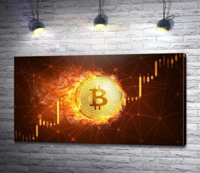 Картина Огненный биткоин на фоне графика роста 60x34 см Модуль №1 (005049)
