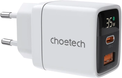 Мережевий зарядний пристрій Choetech USB-A USB-C PD 35W з дисплеєм White (PD6052-EU-WH)