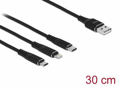 Кабель Delock 3 in 1 Type-A to Lightning / Micro USB / USB Type-C 30 cm Black (4043619871520)