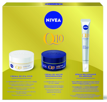 Набір для догляду за обличчям Nivea Q10 Крем з SPF захистом на день 50 мл + Крем антивіковий на ніч 50 мл + Сироватка антивікова 40 мл (8412300050630)