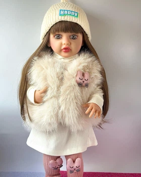 Большая виниловая кукла в полушубке Reborn Baby Doll с настоящими волосами и живыми глазами