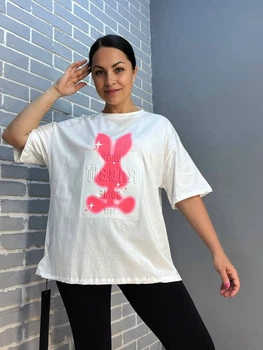 Футболка женская YIGOU 17 надпись рисунок кролик RABBIT оверсайз удлиненная one size белая