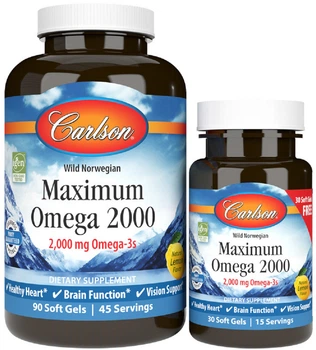 Жирные кислоты Carlson Омега Максимум 2000 Maximum Omega 2000 90 + 30 желатиновых капсул Лимон (088395172403)