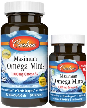 Жирні кислоти Carlson Омега Максимум Maximum Omega Minis 60 + 20 желатинових міні капсул 1000 мг Лимон (088395184406)
