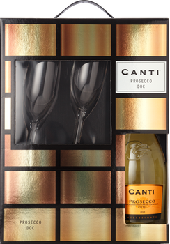 Вино ігристе Canti Prosecco Millesimato біле екстра-сухе 0.75 л 10,5% + 2 келихи в подарунковій упаковці (8005415063383)