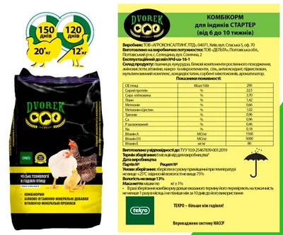 Комбікорм Dvorek (Дворек) стартер для індиків 6-10 тижнів 25кг ПК 11-2