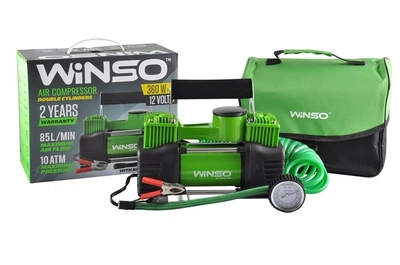 Компрессор автомобильный Winso 125000 двухпоршневой 12 Вольт 360 Ватт 85 литров в минуту 10 Бар 30 Ампер с дефлятором