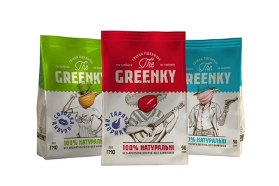 Упаковка грінок The GREENKY з трьома смаками - "Гаряча паприка", "Вибуховий часник" і "Солодка цибуля" 90 г х 9 шт