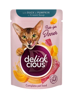 Влажный корм Delickcious для кошек полоски с уткой и тыквой в крем-супе 80 г