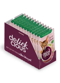 Влажный корм Delickcious для кошек с уткой, куриным филе и шпинатом (кусочки в соусе) 12 шт х 80 г