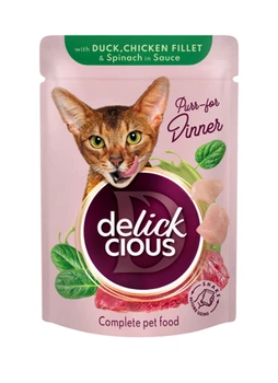 Влажный корм Delickcious для кошек с уткой, куриным филе и шпинатом (кусочки в соусе) 80 г
